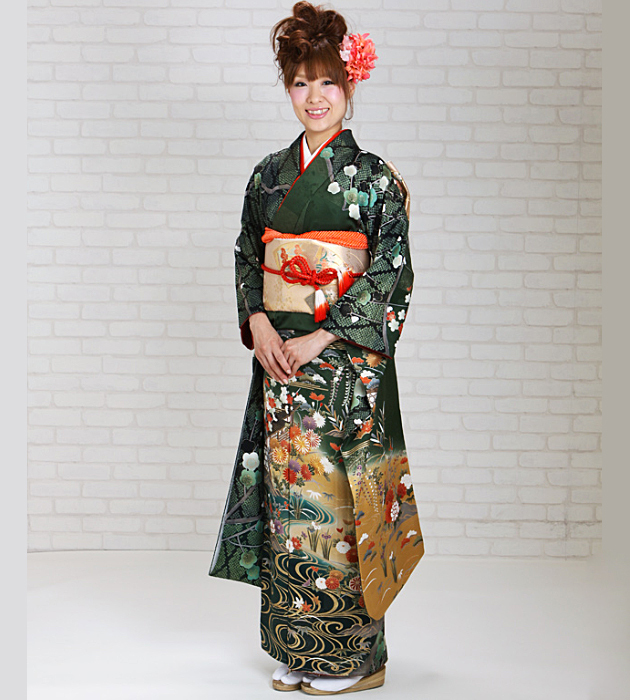 成人式 1月使用 振袖 レンタル 緑・黒色 流水に四季花 NT-171-sei 送料無料 振袖レンタル 成人式 成人式着物 1月 振袖 レンタル レンタル振袖 緑