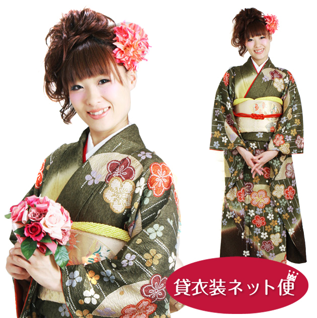 振袖レンタル 振袖 レンタル レンタル振袖 結婚式 参列 モスグリーン 扇面に花 NT-180 送料無料