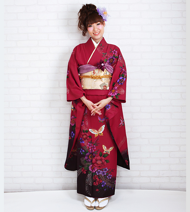 成人式 1月使用 振袖 レンタル ローズ色 ラメ糸入り金箔蝶 NT-210-sei 送料無料 振袖レンタル 成人式 成人式着物 1月 振袖 レンタル レンタル振袖 赤