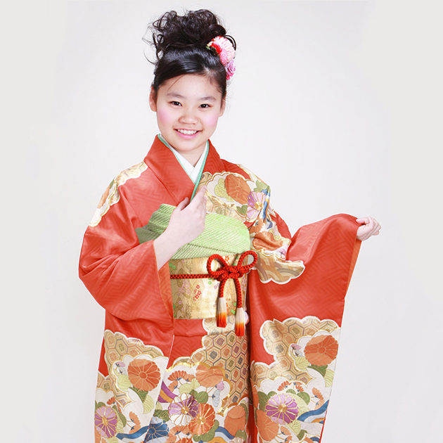 十三参り 着物 子供振袖レンタル 朱赤 金雲取りに菊 青海波 亀甲花菱
