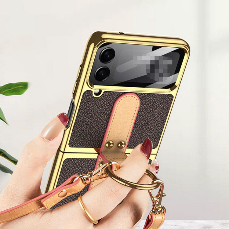 Galaxy Z Flip4 ケース/カバー スマホリング + ショルダーストラップ付き かわいい 折りたたみ型 メッキ PU レザー