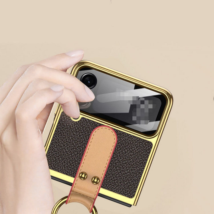 Galaxy Z Flip4 ケース/カバー スマホリング + ショルダーストラップ付き かわいい 折りたたみ型 メッキ PU レザー