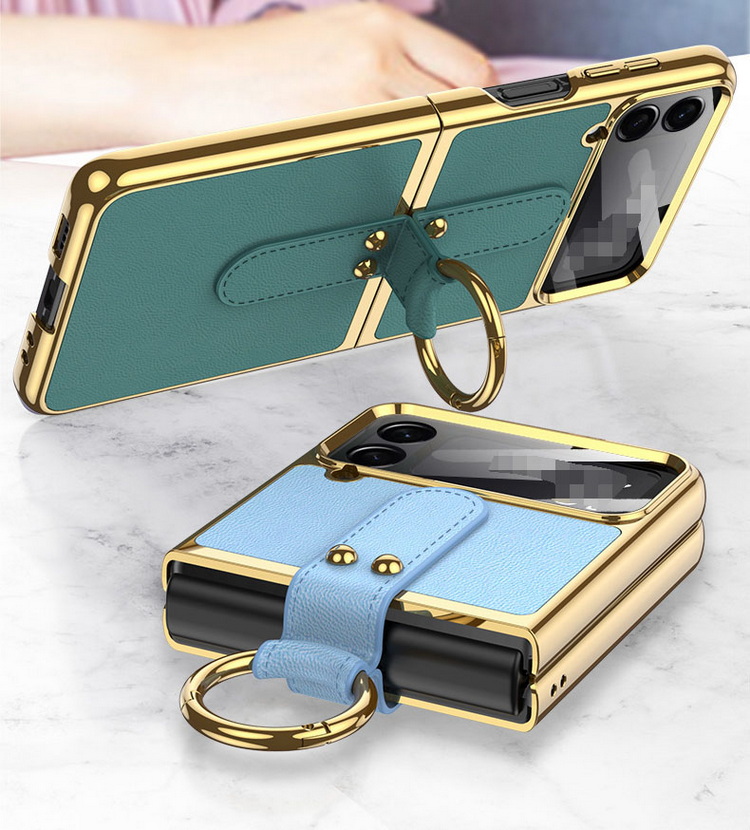 Galaxy Z Flip4 ケース/カバー スマホリング + ショルダーストラップ付き かわいい 折りたたみ型 メッキ PU レザー