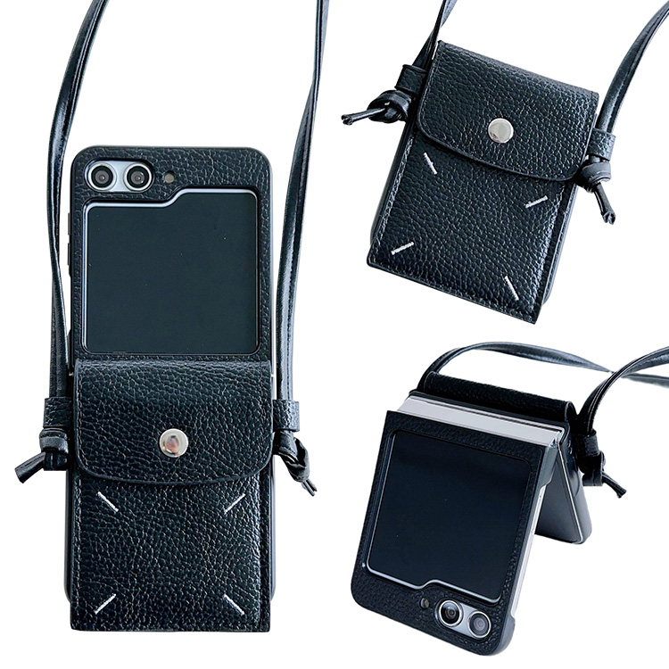 Galaxy Z Flip5 ケース カバー 折りたたみ型 PUレザー カード収納付き ストラップ付き スマホショルダー ショルダーストラップ カード収納付き