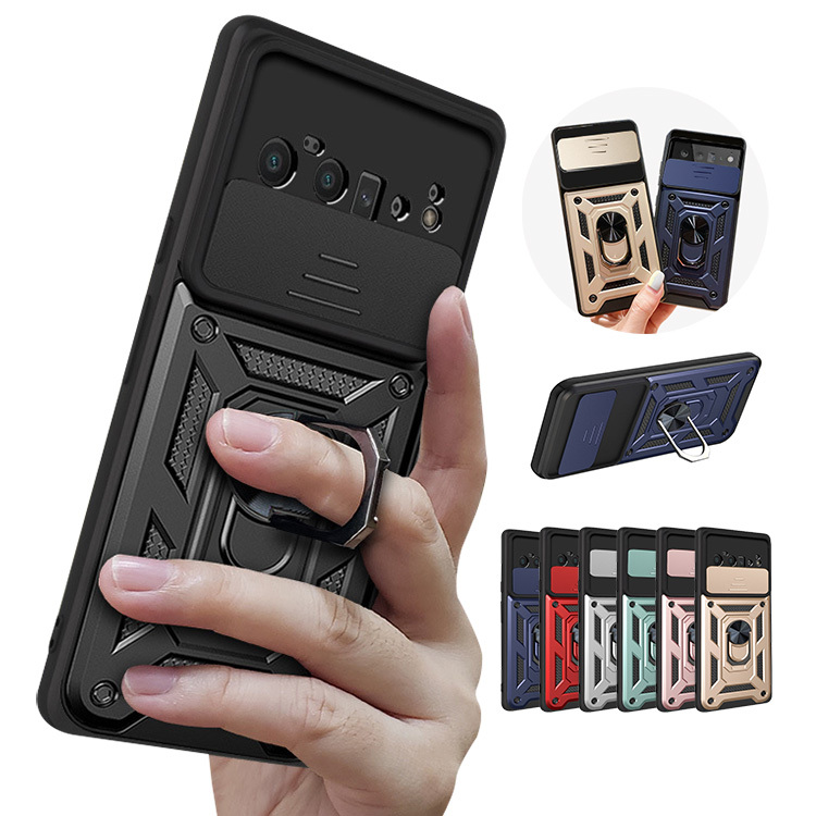 Google Pixel 6/Pixel 6 Pro �ϏՌ� �P�[�X / �ϏՌ��J�o�[ �X���C�h���J���������Y�J�o�[�t�� �����Y�ی� �X�^���h�@�\ �����O�t�� 2�d�\�� �O�[�O��