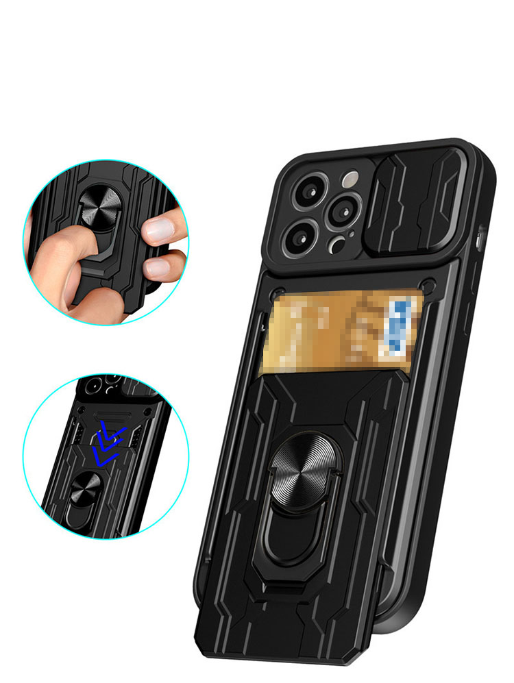 iPhone14/14 Plus/14 Pro/14 Pro Max ケース 耐衝撃 カバー スライド式カメラレンズカバー付き レンズ保護 スタンド機能 一体型リング付き カード収納｜it-donya｜02