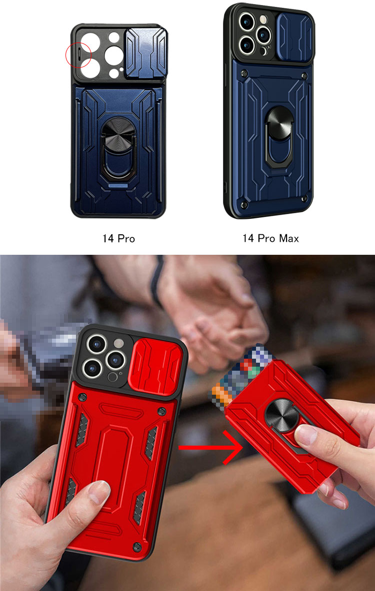 iPhone14/14 Plus/14 Pro/14 Pro Max ケース 耐衝撃 カバー スライド式カメラレンズカバー付き レンズ保護 スタンド機能 一体型リング付き カード収納｜it-donya｜04