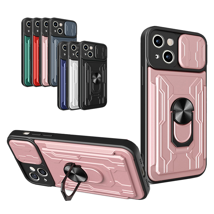 iPhone14/14 Plus/14 Pro/14 Pro Max ケース 耐衝撃 カバー スライド式カメラレンズカバー付き レンズ保護 スタンド機能 一体型リング付き カード収納