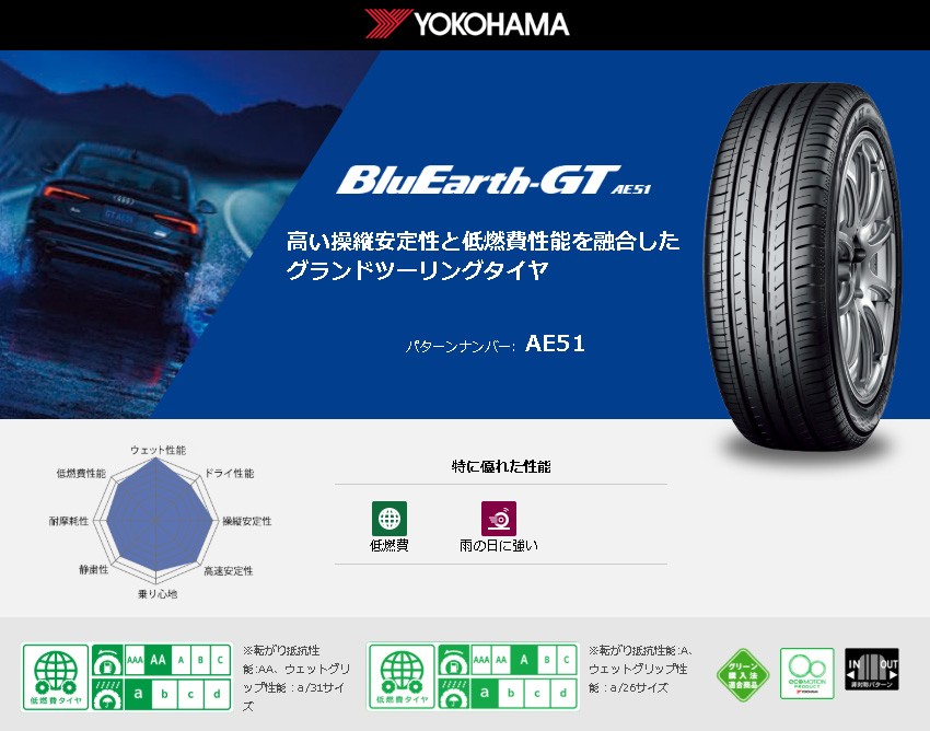 ◆新品◆　4本　YOKOHAMA　ブルーアースGT　87V　ヨコハマ　55R16　BluEarth　AE51　195　AE51　GT　タイヤ単品