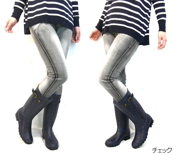 レインブーツ レディース ロング ジョッキー 水玉 ドット チェック