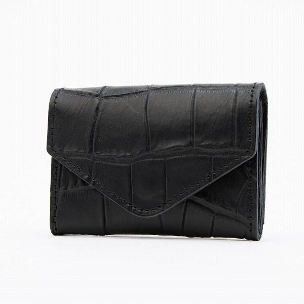 【美品】  MAISON CANAU / メゾンカナウ | CROCO MINI-WALLET / クロコ型押し レザー コンパクト ミニウォレット / 財布 | black | レディース 美品】 MAISON CANAU / メゾンカナウ | CROCO MINI-WALLET / クロコ型