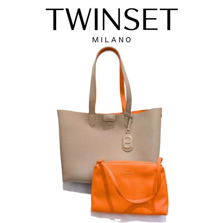 プレゼント トートバッグ ツインセット TWINSET Everywhere リバーシブル ショッパーバッグ カーフレザー 本革 ブランド オレンジ ベージュ (t77)_1