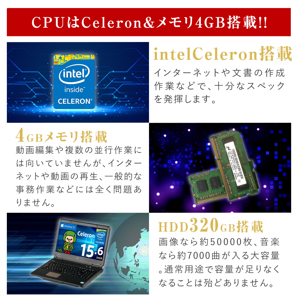 ノートパソコン(Win11) Celeron／メモリ4GB／HDD320GB 【お気にいる