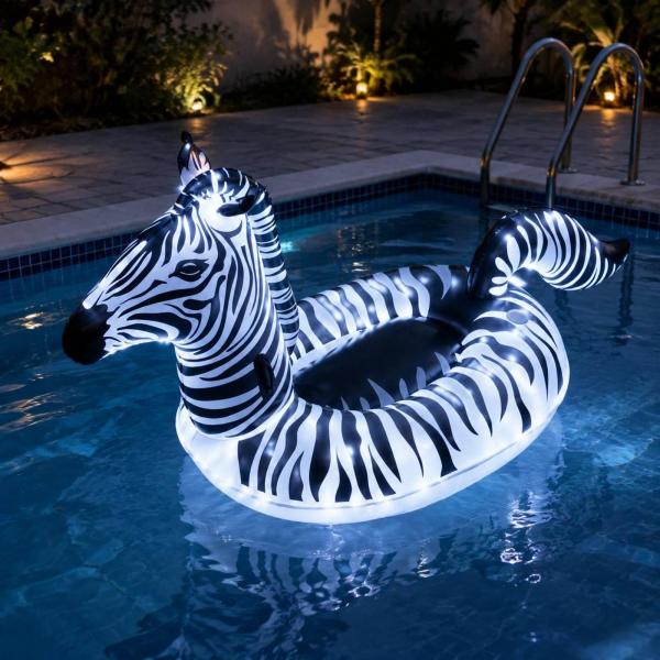 シマウマの大型浮き輪 LEDライト ゼブラ型ウォーターレイド 大きめサイズ 動物テーマプールフロート 3気室 大人用浮き輪 修理パッチ付き 具 子ども用 写真撮影用