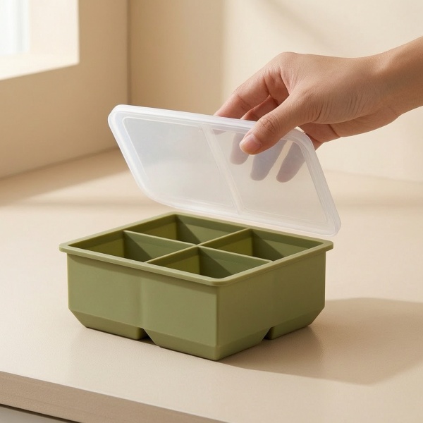 蓋付き製氷皿、家庭用キッチン用小型正方形製氷型、食品グレードシリコン製製氷機、ホワイト、4グリッド