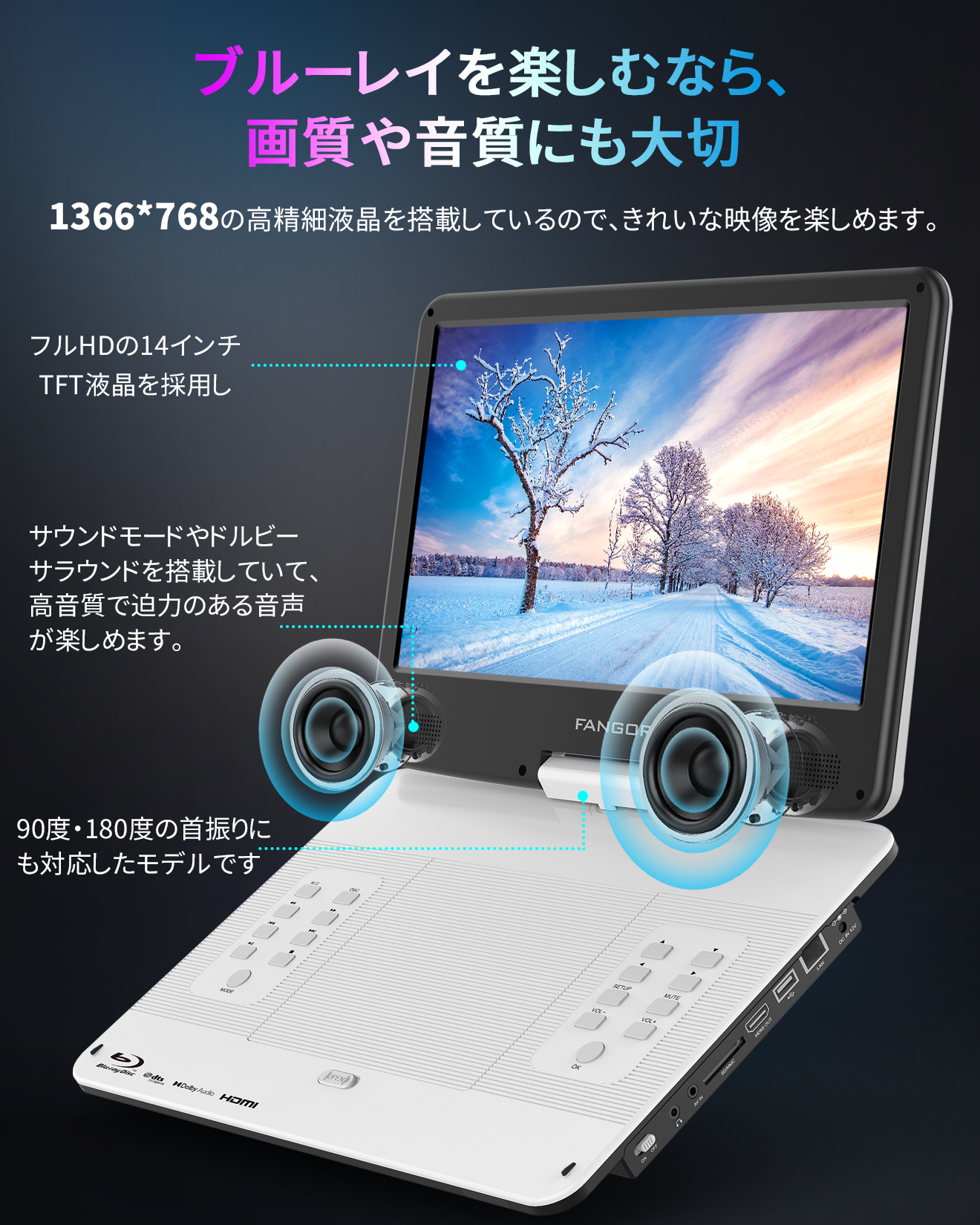 FANGOR ポータブルブルーレイプレーヤー 14.1インチ HDMI出力