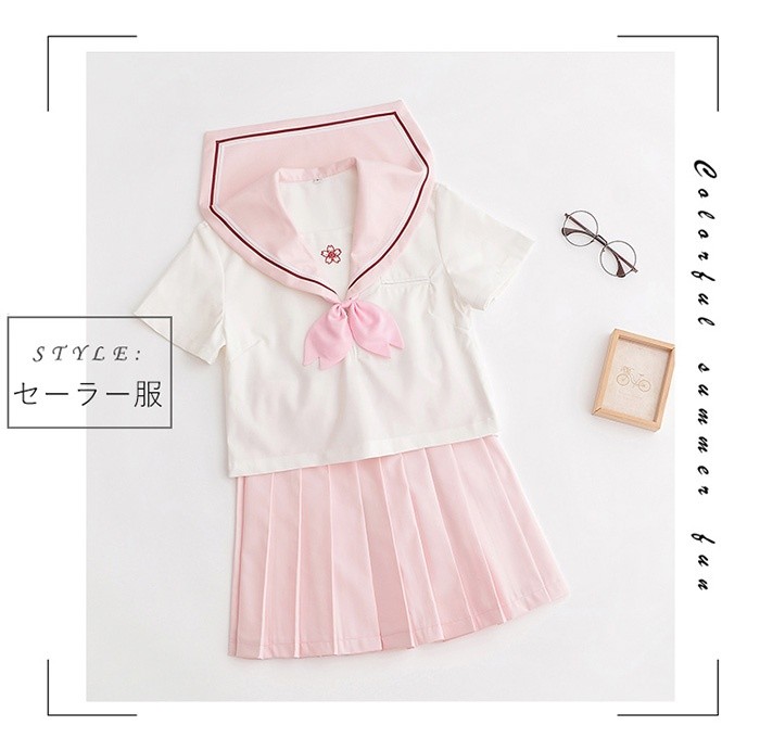 S/M/L/XL 制服 セーラー服 半袖 リボン付き スカート 夏セーラー