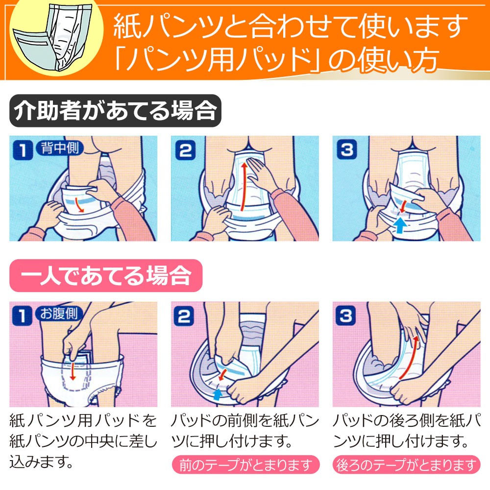 「大人用・介護用 紙おむつ パンツタイプと合わせて使うパンツ用パッド」の使い方