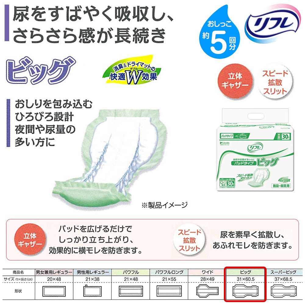 リフレ 大人用紙おむつ 尿とりパッド 介護 オムツ パッドタイプ ビッグ 