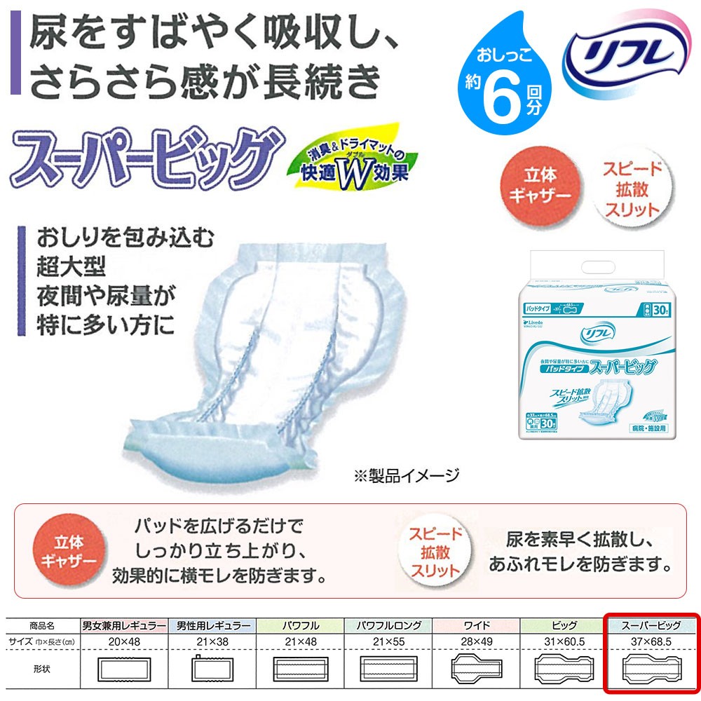 送料無料 リフレ パッド タイプ スーパービッグ 30枚×3袋 大人用 紙おむつ 尿漏れ 尿もれ 尿取り とり パット おむつ オムツ 失禁 介護
