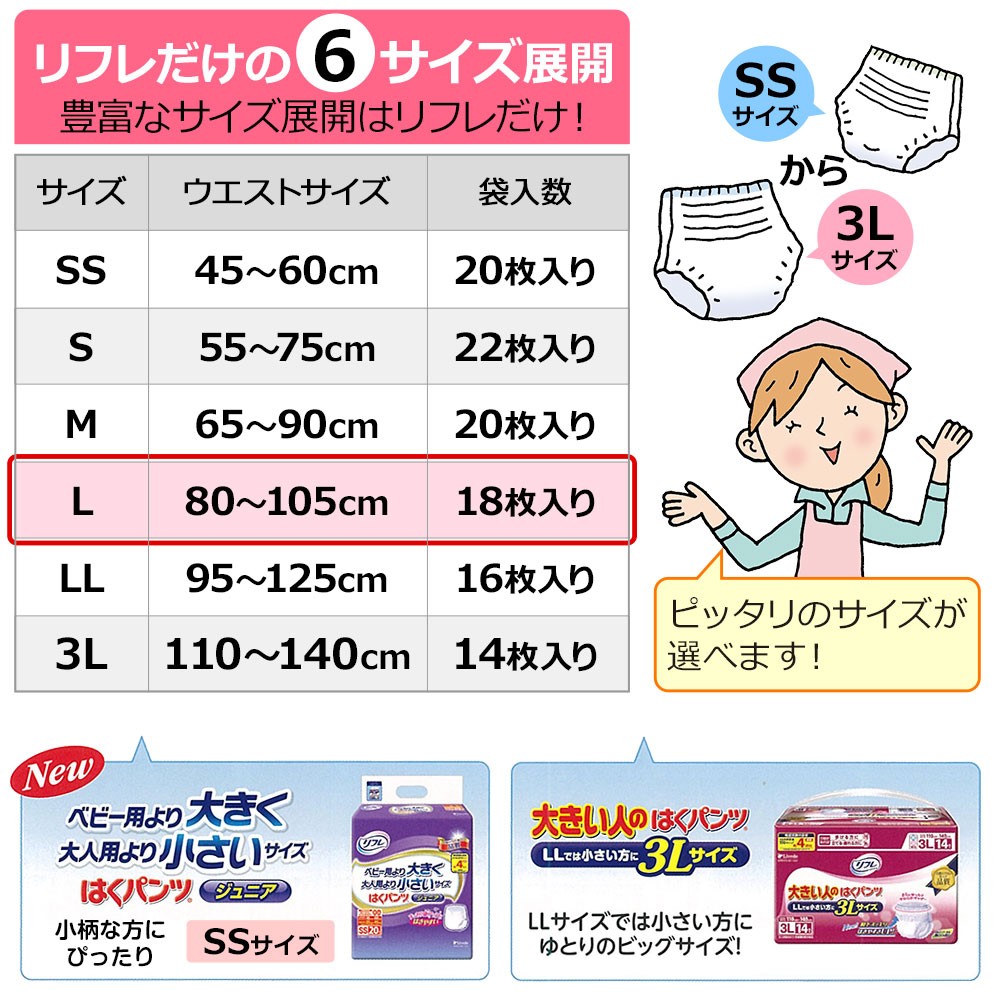 送料無料 リフレ はくパンツ レギュラー Lサイズ 18枚×6袋 大人用紙おむつ 紙オムツ おむつ オムツ 紙パンツ リハビリパンツ 介護 用