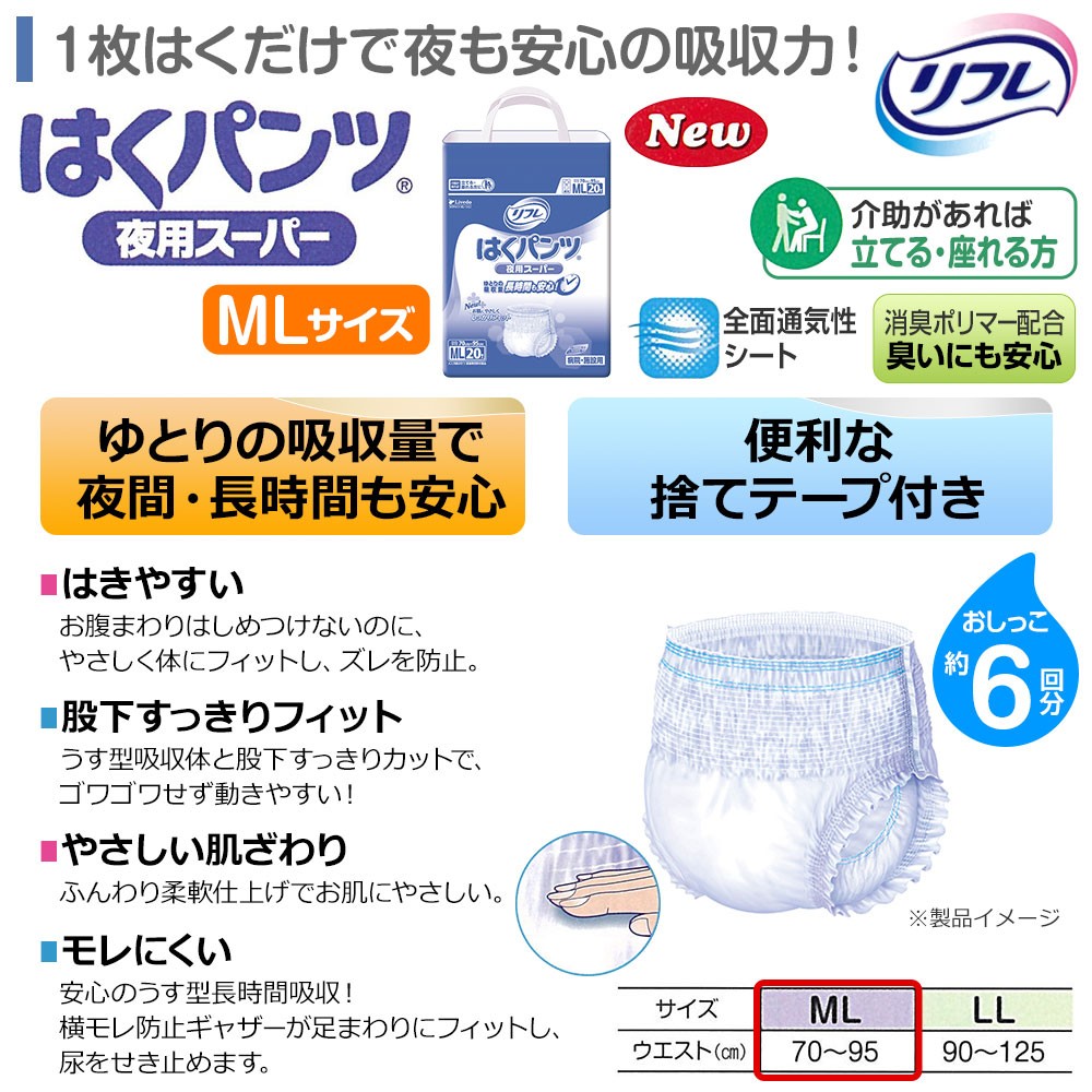 送料無料 リフレ はくパンツ 夜用スーパー MLサイズ 20枚×4袋 大人用紙おむつ 紙オムツ おむつ オムツ 紙パンツ リハビリパンツ 介護 用