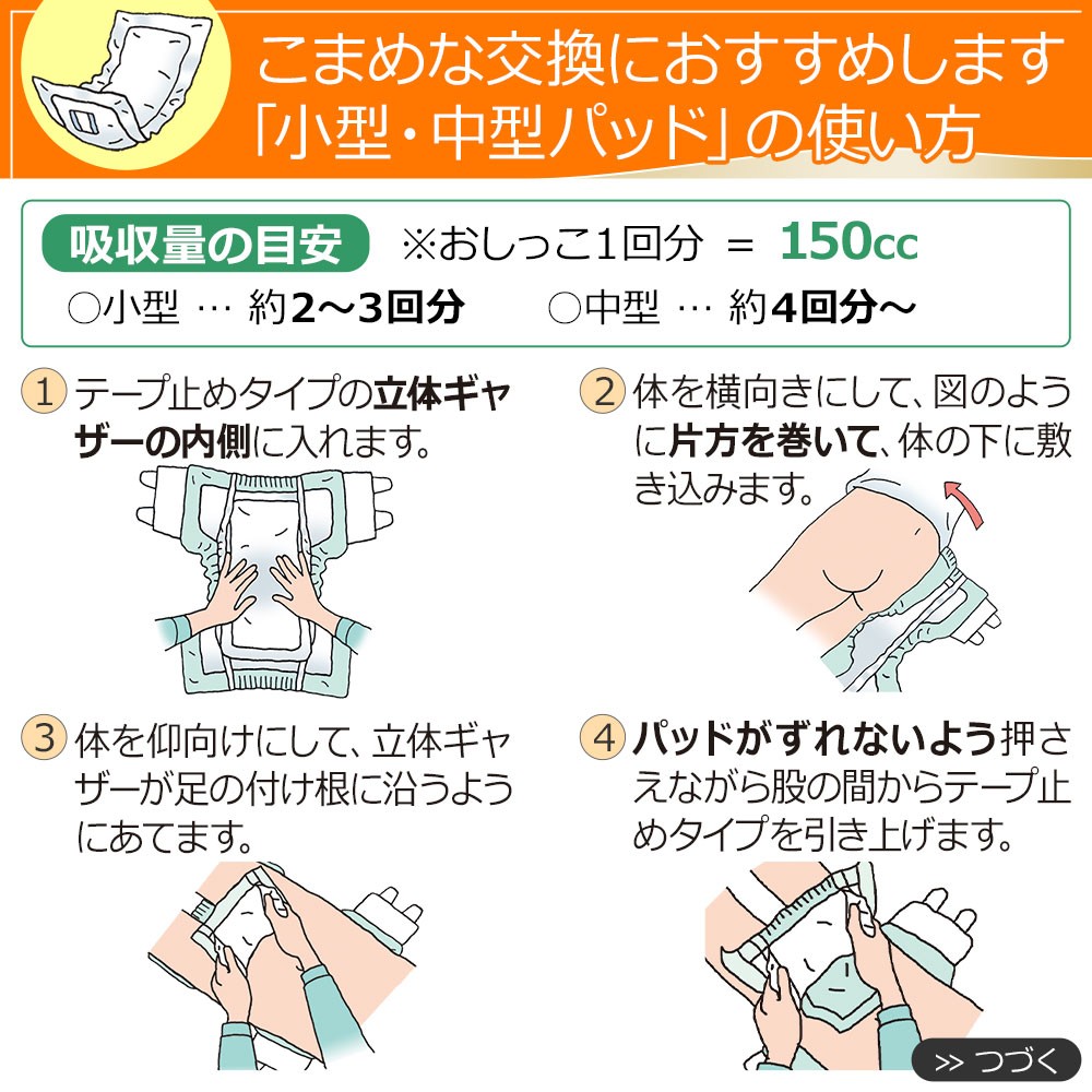 「大人用・介護用 紙おむつ 小型・中型パッド」の使い方と特徴