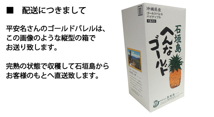 平安名さんのゴールドバレルは、この画像のような縦型の箱でお送り致します。完熟の状態で収穫して石垣島からお客様のもとへ直送致します