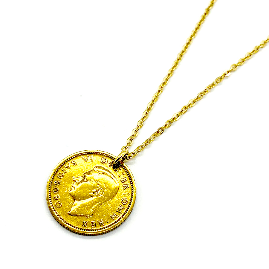 シックスペンスコイン ネックレス 1947年 ジョージ6世 ゴールド コイン ネックレス 金属アレルギー 日本製 送料無料 6ペンス