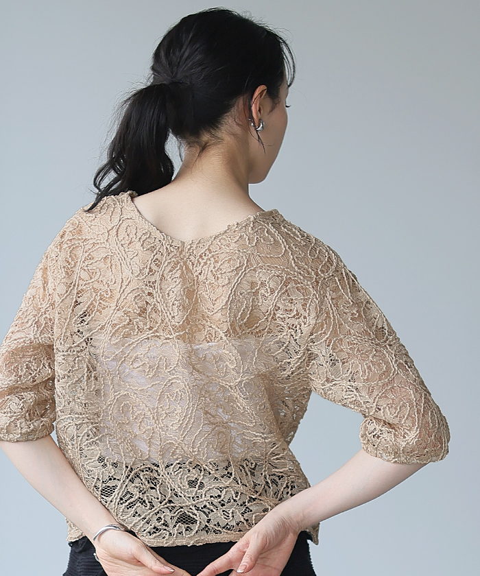 レース トップス レディース 5分袖 ラウンドネック 2way ブラウス 透け