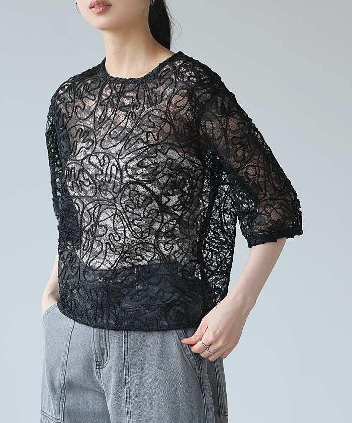 レース トップス レディース 5分袖 ラウンドネック 2way ブラウス 透け