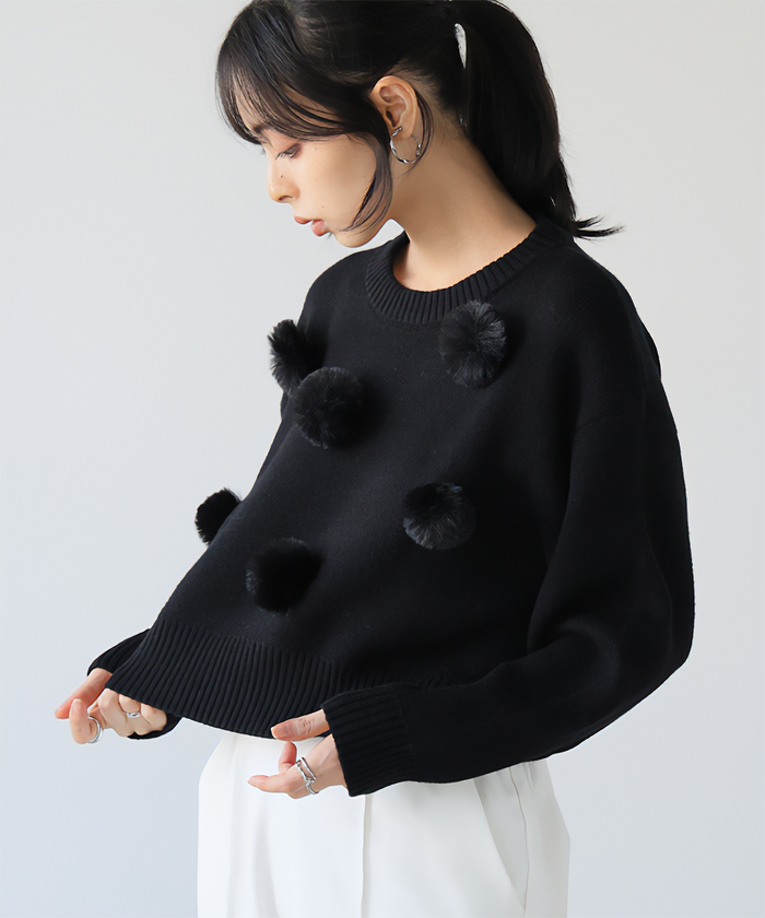ニット レディース 売れ筋商品|||トップス 長袖 30代 40代 50代 クルーネック 丸首 ポンポン ファー クロップド丈 大きいサイズ 体型カバー メール便不可 送料無料 ニット レディース トップス 長袖 30代 40代 50代 クルーネック