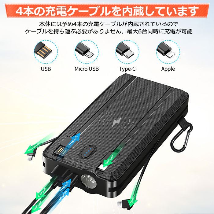 モバイルバッテリー 大容量 ソーラー充電器 軽量 ケーブル内蔵 30000mAh 6台同時充電 薄型 小型 急速充電 スマホ スマホ充電器  ワイヤレス充電 急速充電 防災