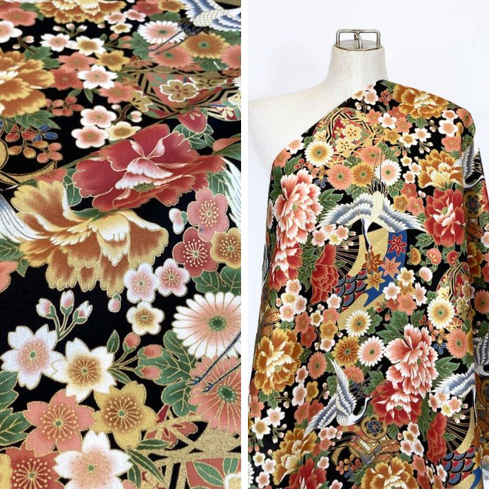 布 生地 コットン 大柄 扇 毬 御所車 桜 梅 菊 橘 楓 豪華 衣装 踊り