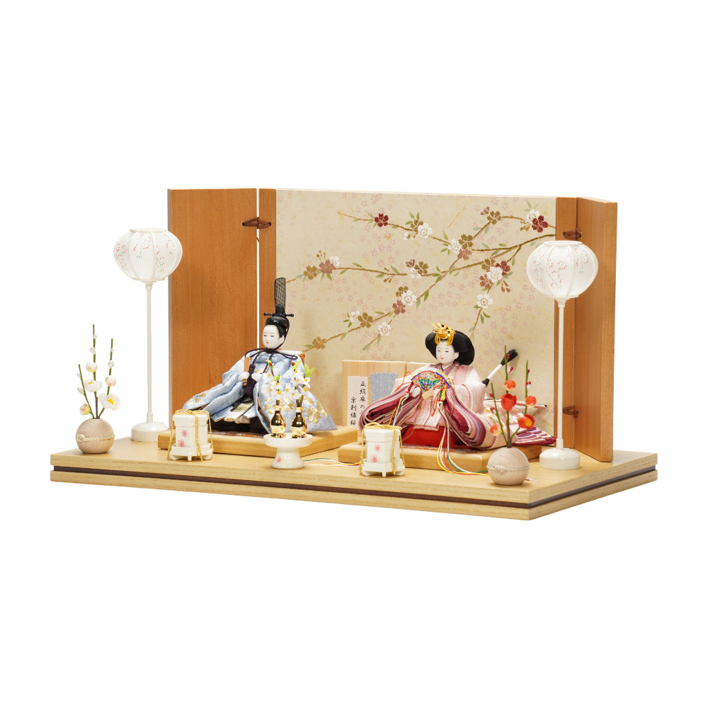 【雛人形】「葵」 麻の葉に京刺繍桜(水色・ピンク) 親王飾り | 柴田家千代作_1