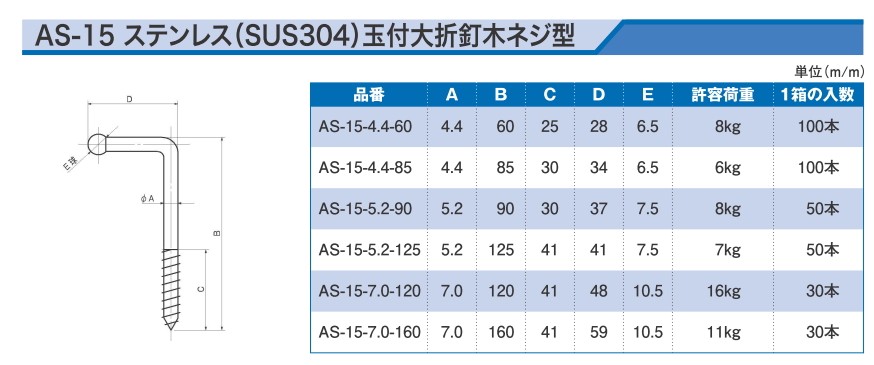 【★超目玉】 玉付大折釘 ステンレス アンテナ印 宮川公製作所 木ネジ型 (30本入) AS-15-7.0-120 7.0mm×120mm その他釘