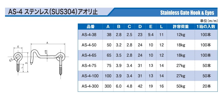 宮川公製作所 アンテナ印 ステンレス アオリ止 65mm AS-4-65 100本入