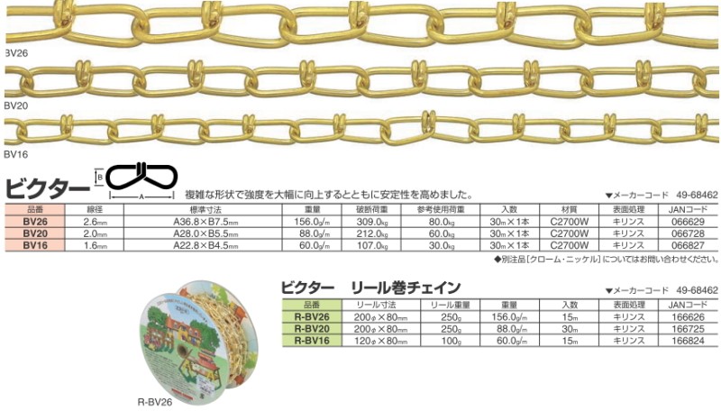 ニッサチェイン ニッサ 真ちゅう ビクターチェーン リール巻 2mm×30m R