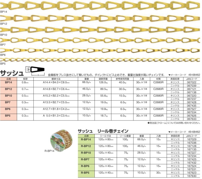 ニッサチェイン ニッサ 真ちゅう サッシュチェーン ニッケル 板厚0.7mm