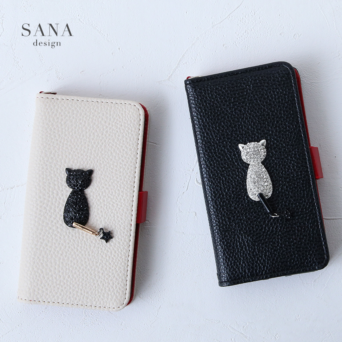 iPhone12 mini ケース 手帳型 アイフォン12 ミニ 動物 カバー ネコ キラキラ 「 白 黒 スワロ 猫 」｜izu｜12