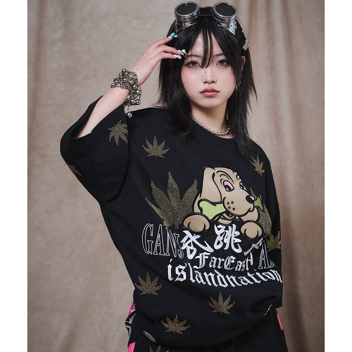 GALFY（ガルフィー） ラインストーン 半袖 Tシャツ 黒 162035 MCF : 和