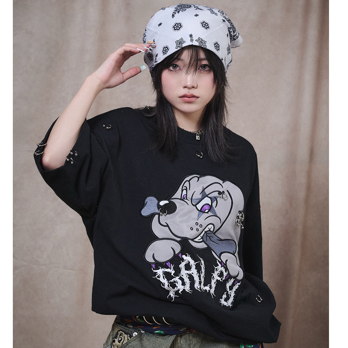GALFY（ガルフィー） ピアス 半袖 Tシャツ 黒 162028 MCF : 和柄と 