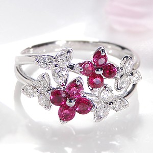 K18YG/WG/PG フラワーモチーフ ルビー ダイヤモンド リング ジュエリー