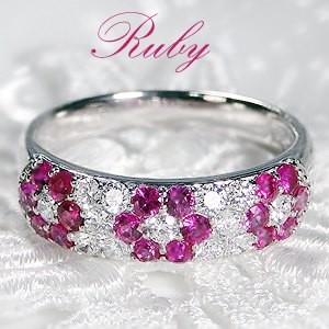 Pt900天然ルビーダイヤモンドパヴェフラワー指輪 ルビー 指輪 リング カラーストーン ダイヤモンド フラワー パヴェ