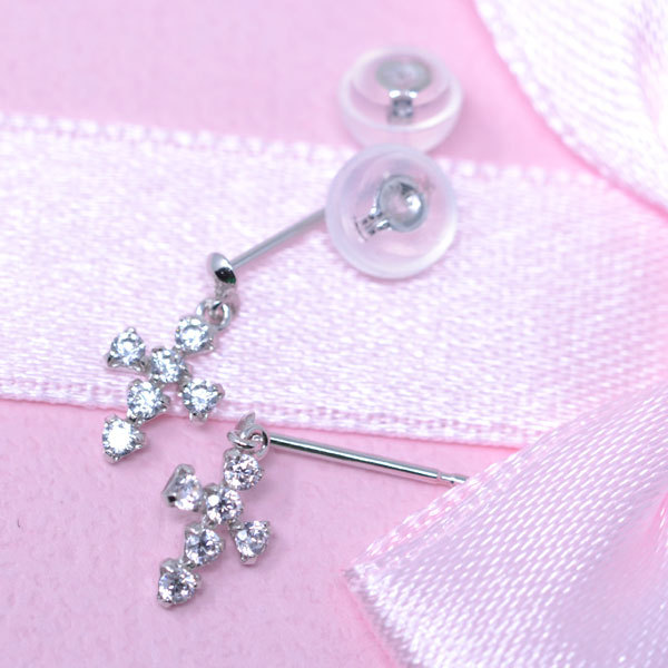 十字架 ピアス クロス K10WG 10金 ホワイトゴールド 可愛い