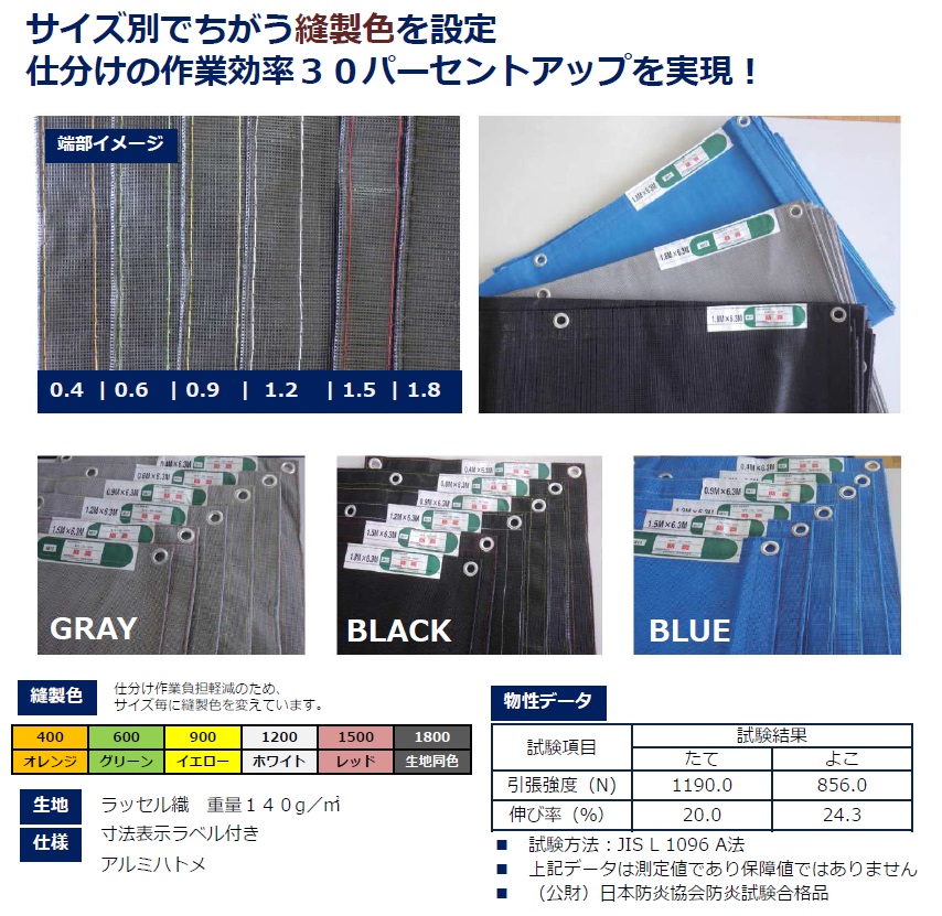 防炎2類PVCメッシュシート 1800×6300 グレー 10枚 メーター ハトメ450
