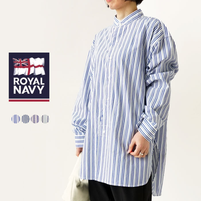 ブラウス シャツ 「 NAVY/ロイヤルネイビー」  BANDCOLLAR SHIRTS STRAIPE：シャツ レディース ロイヤルネイビー シャツ レディース ROYAL NAVY BANDCOLLAR