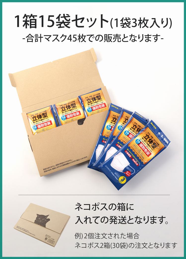 1袋3枚入りマスク×15袋セット マスク 45枚 ［ネコポスで送料無料