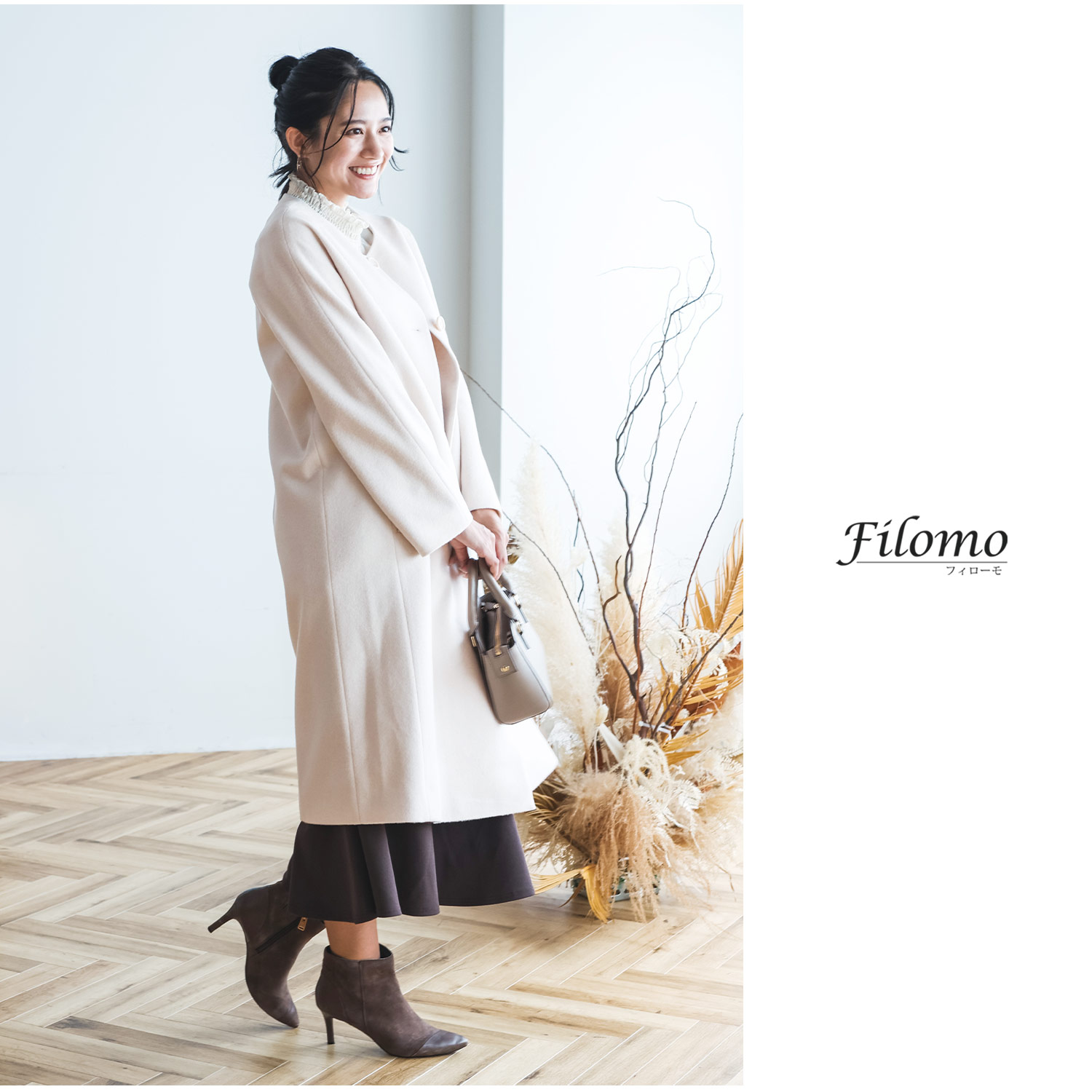 Filomo ロングコート ノーカラーコート カシミヤ混 ウールコート Filomo [5%offクーポン]Filomo ノーカラーコート レディース
