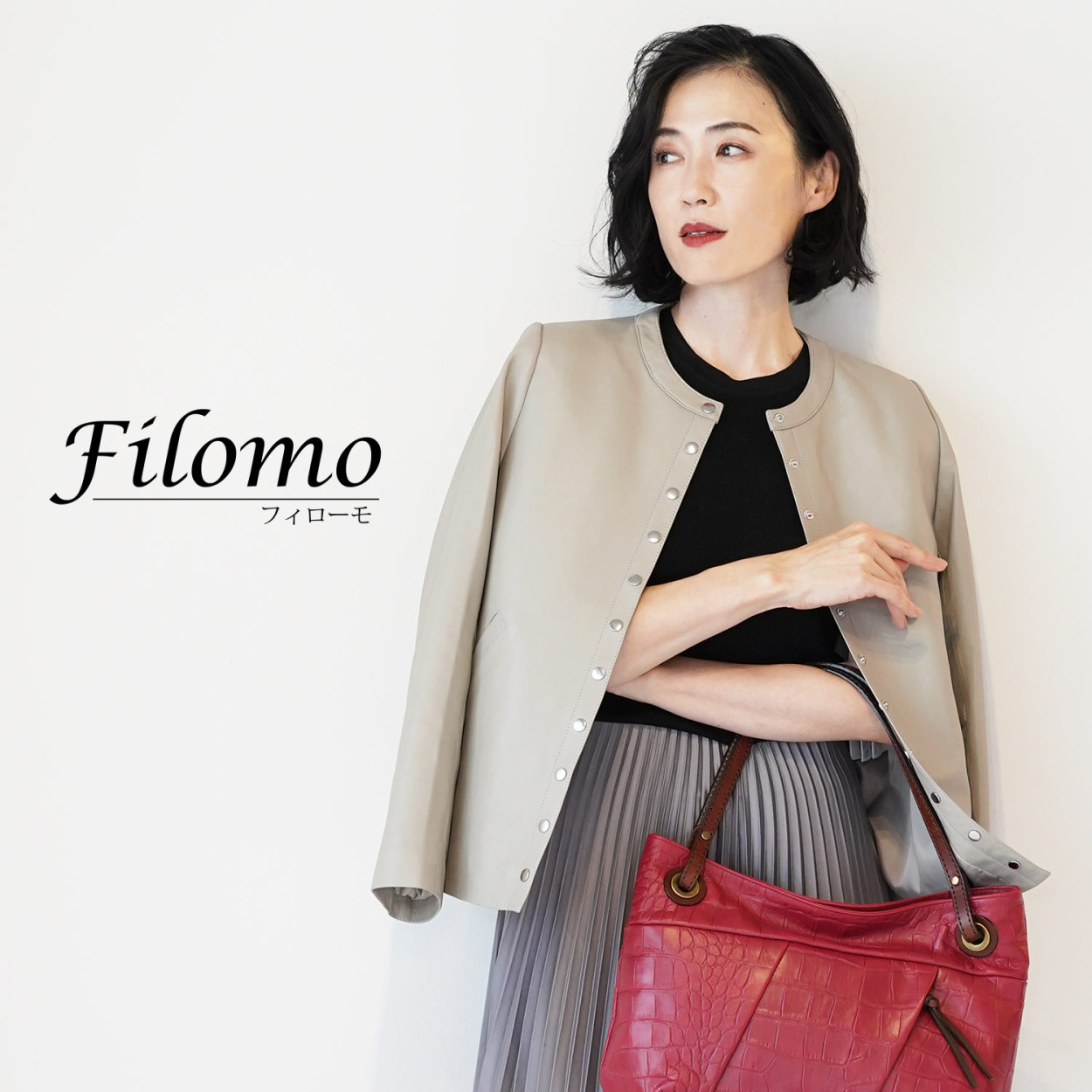 Filomo レザージャケット レディース ノーカラー ブランド ブラック 